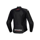 Introducing the sleek Stella Faster v3 Jacket by Crown Kiwi Enterprises Limited, a black sport riding jacket accented with white and red. It prominently features the brand's name and logo on the chest and sleeves, offering optimal abrasion resistance for your ultimate riding experience.