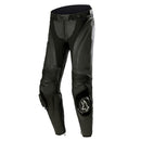 ALPINESTARS Stella Missile v3 Pants are black motorcycle racing pants made from premium leather, featuring reinforced knee pads, zippered vents, textured panels for added protection and flexibility, abrasion resistance, and Tech-Air® ready capability to enhance safety on every ride.