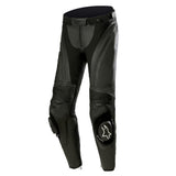 ALPINESTARS Stella Missile v3 Pants are black motorcycle racing pants made from premium leather, featuring reinforced knee pads, zippered vents, textured panels for added protection and flexibility, abrasion resistance, and Tech-Air® ready capability to enhance safety on every ride.