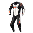The GP Force Chaser Suit by ALPINESTARS, in black, white, and orange leather, is displayed on a plain white background. It features the Alpinestars logo on the chest and sleeves, black knee sliders, a front zipper, and an advanced airbag system for superior impact protection.