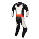 The GP Force Chaser Suit by ALPINESTARS, in black, white, and orange leather, is displayed on a plain white background. It features the Alpinestars logo on the chest and sleeves, black knee sliders, a front zipper, and an advanced airbag system for superior impact protection.