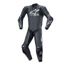 The Missile v2 Ward 1Pc Suit by Crown Kiwi Enterprises Limited is a black MotoGP-inspired leather suit with white logos, featuring protective padding on the shoulders, elbows, and knees, displayed against a plain white background. This race suit is designed for high-performance riding safety.