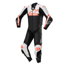 The Missile v2 Ward 1Pc Suit by Crown Kiwi Enterprises Limited is a black, white, and red leather motorcycle suit designed for racing, equipped with protective padding and Tech-Air readiness. It features branding on the chest, arms, and legs, and provides exceptional abrasion resistance for enhanced safety on the track.