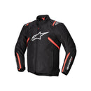 The Alpinestars T-SPS v2 WP Jacket by Crown Kiwi Enterprises Limited is a sporty black motorcycle jacket with excellent abrasion resistance. It features a striking white logo on the chest, complemented by red accents on the shoulders and sides, with "Alpinestars" prominently displayed on the sleeves. The jacket includes a high collar, front zipper, and waterproof membrane for enhanced protection.