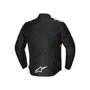 The Alpinestars T-SPS v2 WP Jacket by Crown Kiwi Enterprises Limited is a sporty black motorcycle jacket with excellent abrasion resistance. It features a striking white logo on the chest, complemented by red accents on the shoulders and sides, with "Alpinestars" prominently displayed on the sleeves. The jacket includes a high collar, front zipper, and waterproof membrane for enhanced protection.