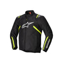 The Alpinestars T-SPS v2 WP Jacket by Crown Kiwi Enterprises Limited is a black and neon yellow motorcycle jacket with long sleeves, featuring a prominent white logo on the chest. This abrasion-resistant jacket offers zippered closures and additional branding on the sleeves, combining durability and style for every ride.