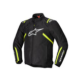 The Alpinestars T-SPS v2 WP Jacket by Crown Kiwi Enterprises Limited is a black and neon yellow motorcycle jacket with long sleeves, featuring a prominent white logo on the chest. This abrasion-resistant jacket offers zippered closures and additional branding on the sleeves, combining durability and style for every ride.