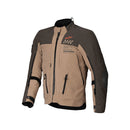 The Alpinestars AMT-8 Stretch Drystar Jacket by ALPINESTARS is tan and olive, featuring zippers, pockets, and the Alpinestars logo with heating tech text. Black accents enhance shoulders, cuffs, and sides, while ventilation ports provide comfort for adventure riding.