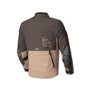 The Alpinestars AMT-8 Stretch Drystar Jacket by ALPINESTARS is tan and olive, featuring zippers, pockets, and the Alpinestars logo with heating tech text. Black accents enhance shoulders, cuffs, and sides, while ventilation ports provide comfort for adventure riding.