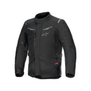 Introducing the Alpinestars ST-1 Waterproof Jacket by Crown Kiwi Enterprises Limited, available in black with a high collar and zippered front. It now includes a thermal liner for added warmth. This jacket boasts red accents and a small logo on the chest, along with padded sections for protection and adjustable straps. Designed for ergonomic mobility, it provides ultimate comfort during your ride.