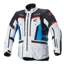 The Alpinestars Honda Bogota Pro DS Jacket, from Crown Kiwi Enterprises Limited, is a vibrant, multi-colored motorcycle jacket featuring Honda and Alpinestars logos. It showcases white, black, blue, and red panels with multiple zippers and adjustable straps for optimal riding protection and style. This jacket also provides outstanding waterproof performance.