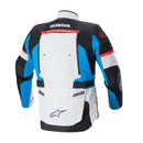 The Alpinestars Honda Bogota Pro DS Jacket, from Crown Kiwi Enterprises Limited, is a vibrant, multi-colored motorcycle jacket featuring Honda and Alpinestars logos. It showcases white, black, blue, and red panels with multiple zippers and adjustable straps for optimal riding protection and style. This jacket also provides outstanding waterproof performance.
