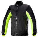 The Alpinestars Bogota Pro Drystar Jacket in gray and black prominently features "alpinestars" on the left chest. It has multiple pockets, zipper details, neon yellow for visibility, is waterproof, and includes ventilation panels for comfort in all conditions.