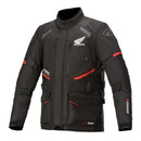 The Alpinestars Honda Andes v3 Drystar Jacket by ALPINESTARS is a stylish black motorcycle jacket with red accents, offering waterproofing and abrasion resistance. It has the iconic Honda logo on the chest, multiple pockets, adjustable straps on arms and waist, and protective padding on shoulders and elbows.