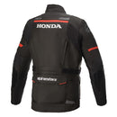 The Alpinestars Honda Andes v3 Drystar Jacket by ALPINESTARS is a stylish black motorcycle jacket with red accents, offering waterproofing and abrasion resistance. It has the iconic Honda logo on the chest, multiple pockets, adjustable straps on arms and waist, and protective padding on shoulders and elbows.