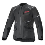 The Alpinestars Andes Air Drystar Jacket by ALPINESTARS is a black and gray touring jacket with a red chest logo. It includes Nucleon Flex Plus armor, multiple zippers, pockets, adjustable straps, and a blend of mesh and solid fabric for durability and ventilation.