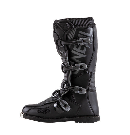 The O'Neal ELEMENT Boot - Black from ONEAL features Snap-Lock adjustable buckle closures, protective panels, and the brand name prominently displayed on the side. The boot includes ribbed detailing on the top, a reinforced toe area, an injection-molded plastic plate for added durability, and a Goodyear welt sole for optimal traction.