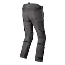 The Alpinestars Bogota Pro Drystar Pants feature an adjustable waist, knee pads, zippered pockets, and reinforced stitching for protection and comfort. These black adventure riding pants by ALPINESTARS are displayed on a white background and include a waterproof liner for versatility.