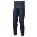 The ALPINESTARS Sektor Regular Fit Denim pants, in dark blue stretch denim, boast a classic five-pocket design and straight legs. Displayed on a white background, the image highlights the stitching and fabric texture.