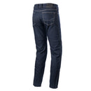The ALPINESTARS Sektor Regular Fit Denim pants, in dark blue stretch denim, boast a classic five-pocket design and straight legs. Displayed on a white background, the image highlights the stitching and fabric texture.