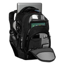 The Ogio REV Laptop Backpack in black is shown, showcasing its sleek design and multiple compartments. Featuring ergonomic shoulder straps, it is packed with various items including a laptop, tablet, water bottle, headphones, smartphone, and other electronics—all neatly organized in their respective pockets. It also includes a Tech Vault pocket for added protection.