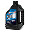 A black plastic bottle labeled "Maxima Super M - Synthetic Blend Pre Mix 2 Stroke" features blue and white branding. This ester-based, smokeless synthetic blend contains anti-wear additives and has a capacity of 33.8 fl oz (1 liter). It's manufactured by MAXIMA.