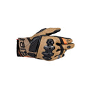 The ALPINESTARS Belize Drystar V3 Gloves in tan and black feature protective knuckle armor, perforated sections, and orange accents for long distance touring. Shown palm down with slightly curled fingers.