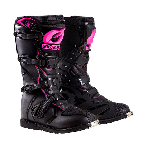 Introducing the O'Neal RIDER Boot - Black/Pink by Oneal, these motorcycle boots boast sturdy straps and prominently display the Oneal logo. They feature a durable Goodyear welt sole, reinforced toes, ankle protection, and injection-moulded plastic plates, making them an ideal choice for off-road riding.