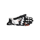 The ALPINESTARS Gp Plus R V3 Gloves are black, white, and orange racing gloves with robust knuckle protectors, ventilation holes, Alpinestars branding, and a durable leather palm. Palm is shown facing down against a white background.