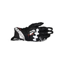 The ALPINESTARS Gp Plus R V3 Gloves in black, white, and red are displayed flat with the leather palm down, showing strong knuckle protectors and precision stitching.