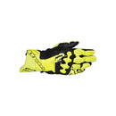 The ALPINESTARS Gp Plus R V3 Gloves are yellow and black racing gloves with reinforced knuckle protectors, detailed stitching, and a leather palm, shown on a white background with the palm facing down.