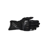 The ALPINESTARS Sp 3 Gloves are black leather riding gloves with white accents and protective knuckle padding, shown side-on with fingers extended and palm down against a white background.