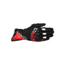 An ALPINESTARS Sp 3 Glove in black and red with white knuckle protectors is pictured palm down against a white background, fingers slightly curled to showcase its long cuff motorcycle glove design.