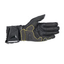 The Alpinestars GP Tech v2 Gloves by Crown Kiwi Enterprises Limited feature a black and white design with yellow stitching, red knuckle accents, finger armor, Kevlar stretch for flexibility, and a mesh design for ventilation.