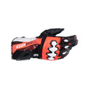 The Alpinestars GP Pro R4 Gloves by Crown Kiwi Enterprises Limited are high-performance gauntlet gloves featuring a black, white, and red design with protective padding and ventilation. Branded with "GP PRO" and equipped with Alpinestars DFS protectors for ultimate safety in racing conditions.