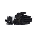 The Alpinestars GP Pro R4 Gloves by Crown Kiwi Enterprises Limited are high-performance gauntlet gloves featuring a black, white, and red design with protective padding and ventilation. Branded with "GP PRO" and equipped with Alpinestars DFS protectors for ultimate safety in racing conditions.