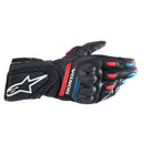 The Alpinestars Honda SP-8 v3 Gloves, offered by Crown Kiwi Enterprises Limited, are black riding gloves adorned with red and blue details. Made from durable leather and featuring MotoGP-inspired knuckle armor, these gloves prominently display Honda branding alongside an additional logo on the wrist, seamlessly combining safety with style.