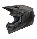The O'Neal 2026 3SRS SOLID Helmet in black/grey by ONEAL offers full-face coverage, a visor, chin guard, and vent openings. Its angular ABS shell design features the ONEAL logo on the side and visor.