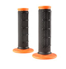 Four O'Neal MX PRO HALF WAFFLE DUAL COMP OPEN END grips from ONEAL are arranged vertically. Each grip, crafted from dual compound material, boasts a black textured handle paired with a vibrant flange and end cap. The colors presented from top to bottom are blue, gray, orange, and red.