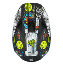 The O'Neal 2025 Youth 3SRS RANCID Helmet - Multi is a black motocross helmet adorned with vivid graffiti-style artwork. The intricate design showcases colorful letters spelling "ONEAL," various doodles, a crown, and multiple expressive faces and symbols. Featuring a Polycarbonate/ABS Shell, the helmet also includes a visor, chin guard for protection, and a washable padded liner for added comfort.