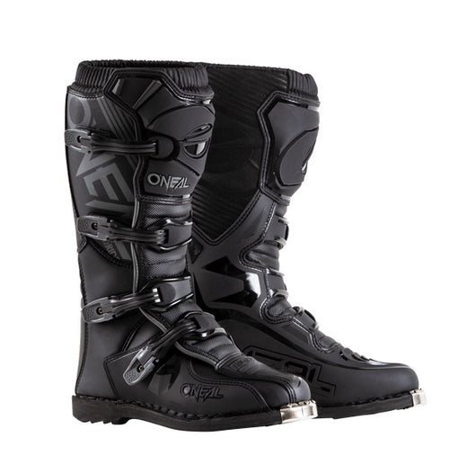 The O'Neal ELEMENT Boot - Black from ONEAL features Snap-Lock adjustable buckle closures, protective panels, and the brand name prominently displayed on the side. The boot includes ribbed detailing on the top, a reinforced toe area, an injection-molded plastic plate for added durability, and a Goodyear welt sole for optimal traction.