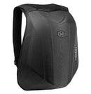 A black Ogio MACH 1 Motorcycle Backpack - Stealth with its front section unzipped and laid open, revealing multiple compartments and pockets inside, designed to securely carry laptops and other items. The "No Prgs" logo is visible on the interior. Featuring No Drag Technology, the padded straps provide comfort and enhance aerodynamic efficiency.