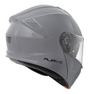The RJAYS TOURTECH V Helmet in Solid Gloss Grey is a sleek, full-face motorcycle helmet featuring a flip-up front visor. Its aerodynamic shell includes an internal sun visor, a red button for visor release, and a cushioned interior lining. The brand name "RJAYS" is prominently displayed on the side.