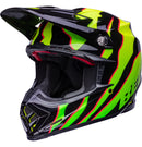 The Bell MOTO-9S FLEX Claw Gloss Black/Green is a vibrant, safety-focused motocross helmet with a striking design in black, green, and neon yellow. Featuring the brand "BELL" on the side, this helmet includes a visor and prominent air vents that showcase its aerodynamic and protective structure, making it ideal for off-road racing.