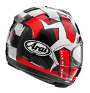 A black, white, and red full-face motorcycle helmet from ARAI with a sleek design perfect for motocross enthusiasts. The Arai RX-7V EVO - IOM TT 2022 Limited Edition features aerodynamic curves and brand logos, including "ARAI" and "Druid Performance," along with a transparent visor for ultimate adventure.