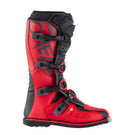 The O'Neal ELEMENT Boot - Red by ONEAL is a red and black motocross boot featuring multiple buckles along the side for secure fastening. The boot prominently displays the "ONEAL" brand on the side and front buckle strap, and includes a Snap-Lock adjustable four buckle closure system, metal toe guard, and durable Goodyear welt sole for added protection.