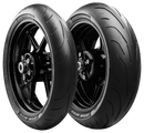 Two Avon 3D Ultra motorcycle tires with sleek black rims and distinctive tread patterns are positioned upright. Their reflective sidewalls feature Avon Tyres branding and text details. These tires are designed for high performance.
