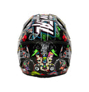 Introducing the O'Neal 2025 3SRS CRANK Helmet - Multi by ONEAL, a striking polycarbonate helmet adorned with vibrant graffiti-style illustrations of cartoon characters and abstract designs on a sleek black background. This DOT-approved helmet is not only stylish but also features an adjustable visor for enhanced safety.