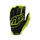 The Troy Lee Designs AIR GLOVE FLO YELLOW | YOUTH is a full-fingered, bright yellow mountain bike glove with black logo and textured finger grips, shown on a white background.