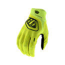 The Troy Lee Designs AIR GLOVE FLO YELLOW | YOUTH is a full-fingered, bright yellow mountain bike glove with black logo and textured finger grips, shown on a white background.